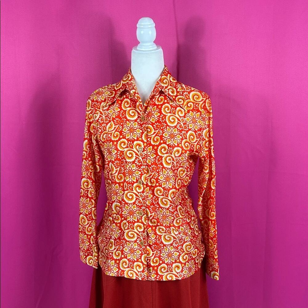 Vintage 60s‎ 70s White Stag orange groovy print button down shirt, med-Large
